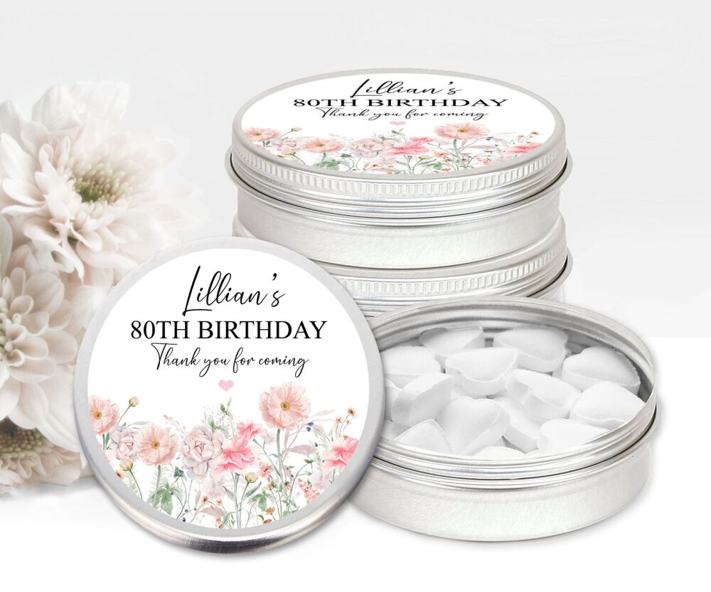 Wild Pink Flowers Birthday Party Personalised Mint Tins Favours x1