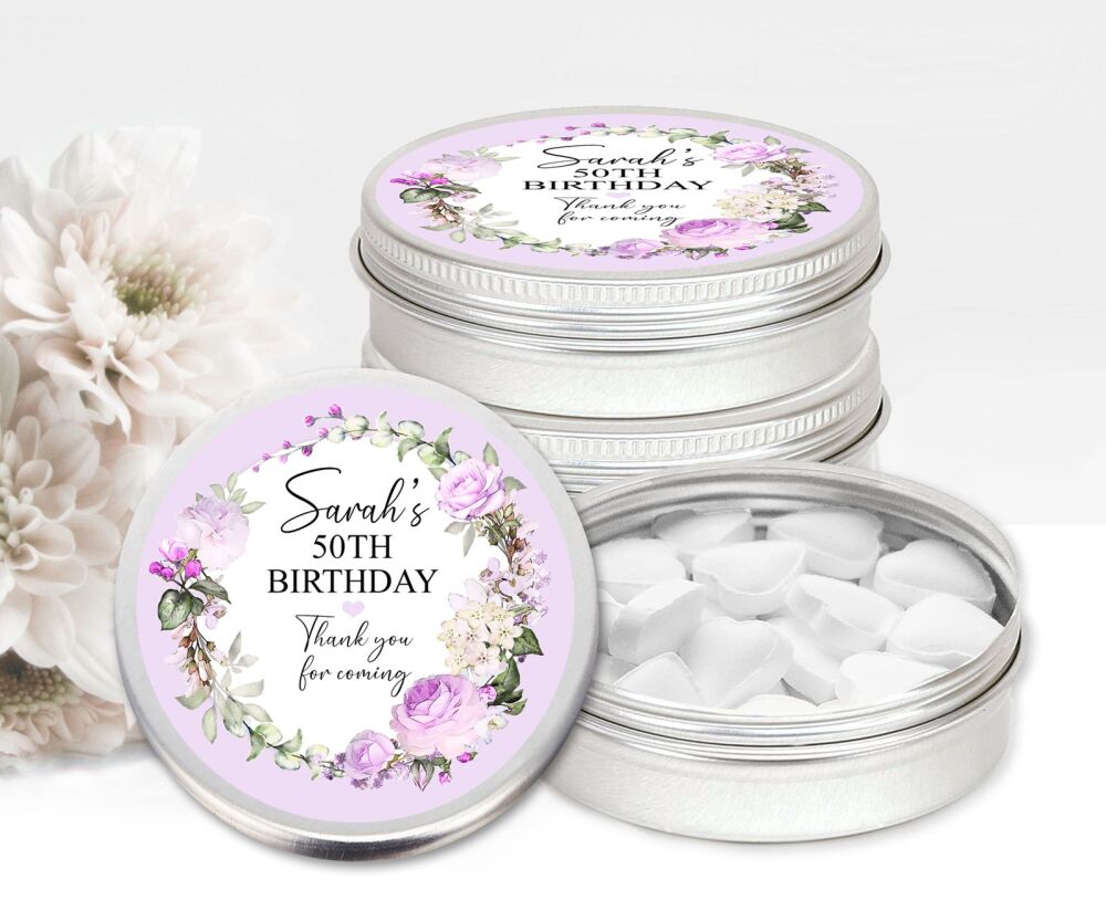 Lilac Vintage Floral Wreath Birthday Party Personalised Mint Tins Favours x1