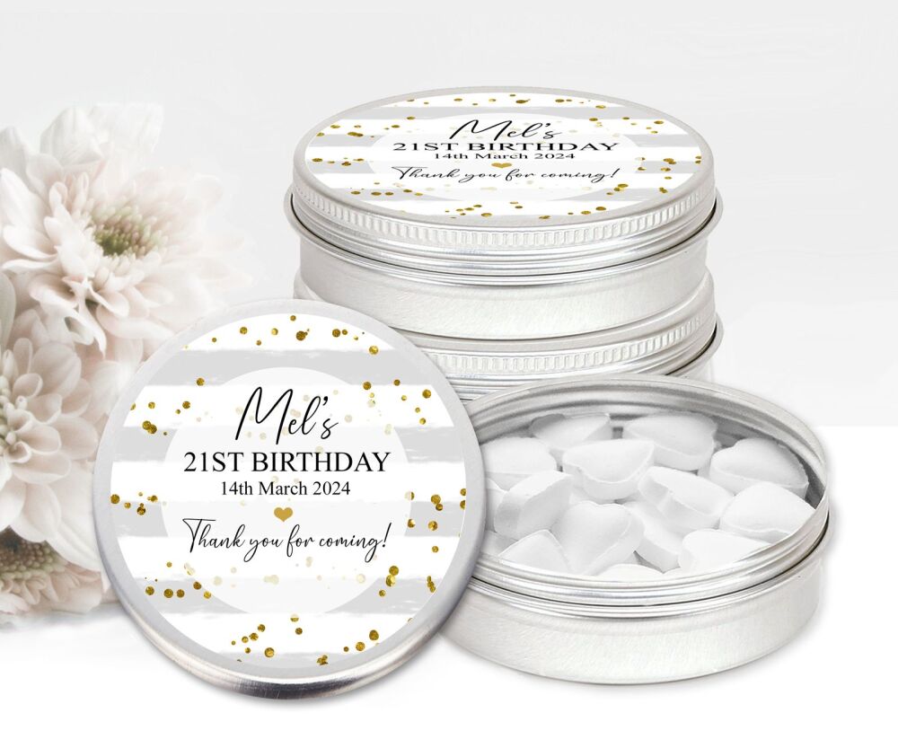 Grey Stripes Confetti Birthday Party Personalised Mint Tins Favours x1