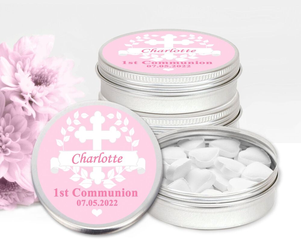 Pink Laurels Cross Holy Communion Personalised Mint Tins Favours x1