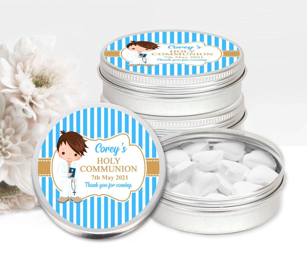 Brown Hair Boy Holy Communion Personalised Mint Tins Favours x1