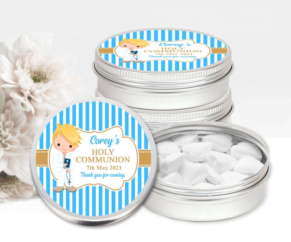 Blonde Hair Boy Holy Communion Personalised Mint Tins Favours x1