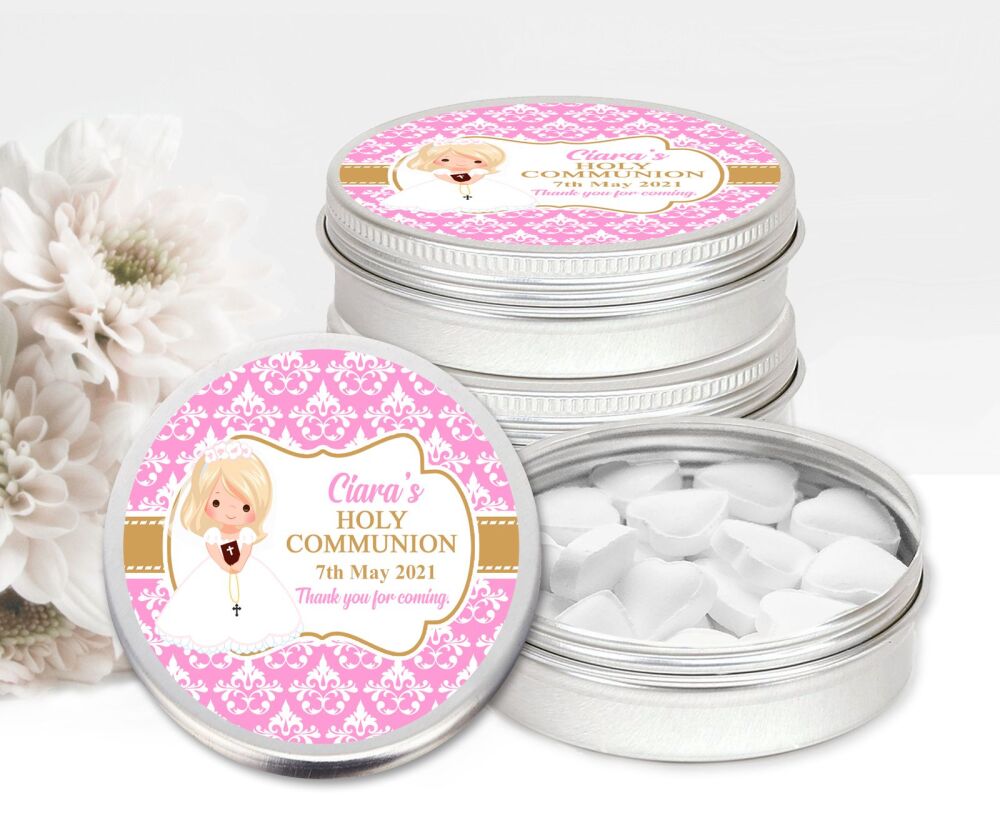 Blonde Hair Girl Holy Communion Personalised Mint Tins Favours x1