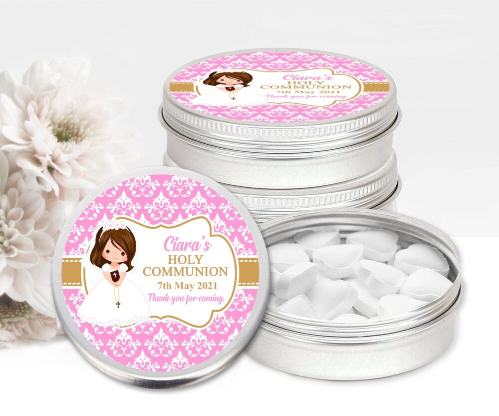 Brown Hair Girl Holy Communion Personalised Mint Tins Favours x1