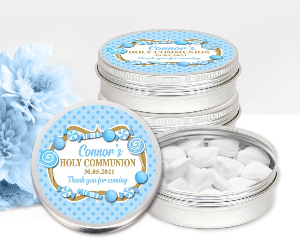 Sweets Blue Holy Communion Personalised Mint Tins Favours x1