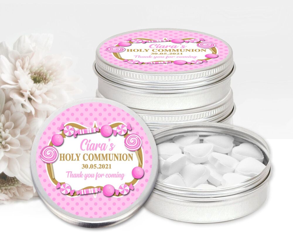 Sweets Pink Holy Communion Personalised Mint Tins Favours x1