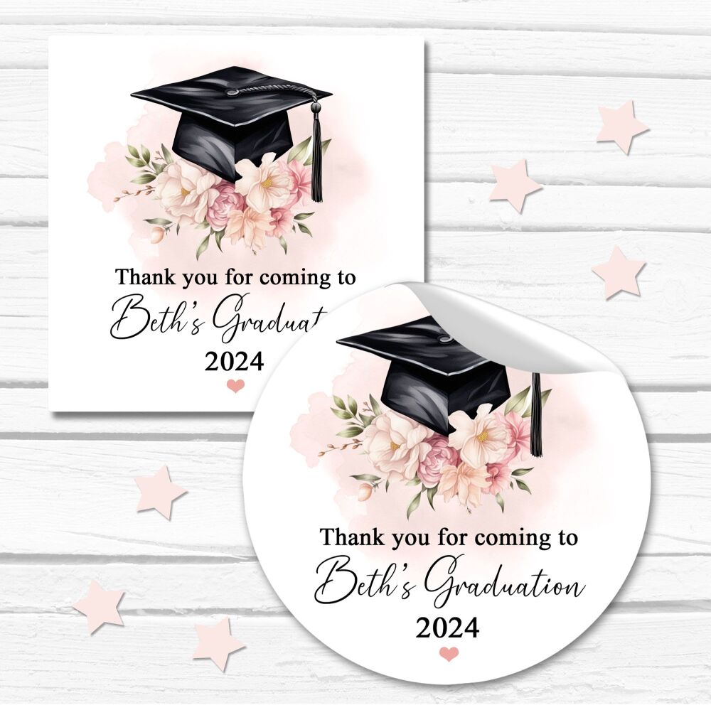 Graduation Stickers Personalised - Blush Pink Floral Cap