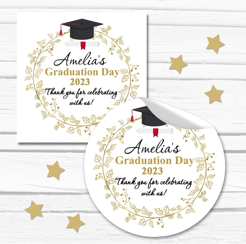 Graduation Stickers Personalised - Gold Leaves With Cap