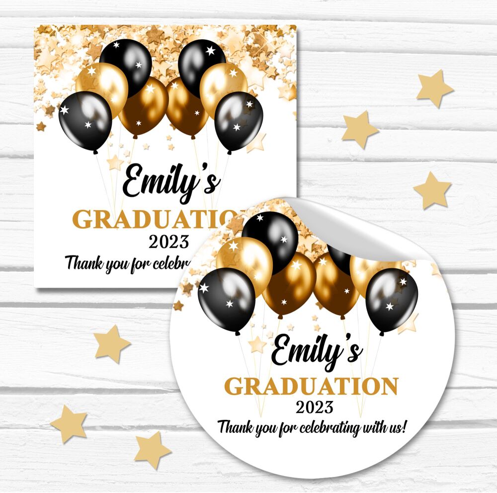 Gold And Black Balloons Personalised Graduation Stickers x1 A4 Sheet