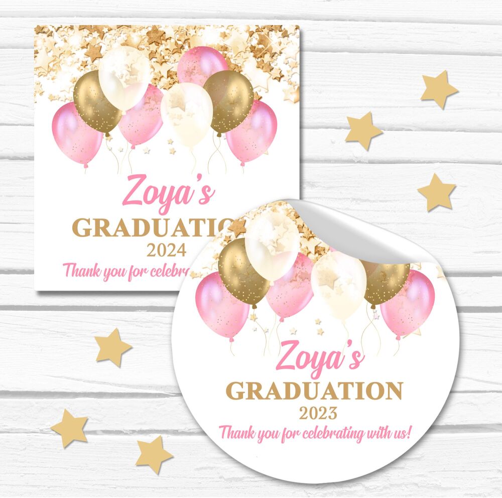 Personalised Graduation Stickers Gold And Pink Balloons  x1 A4 Sheet