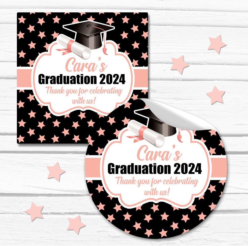 Personalised Graduation Stickers Rose Gold And Black Stars Cap & Scroll x1 A4 Sheet