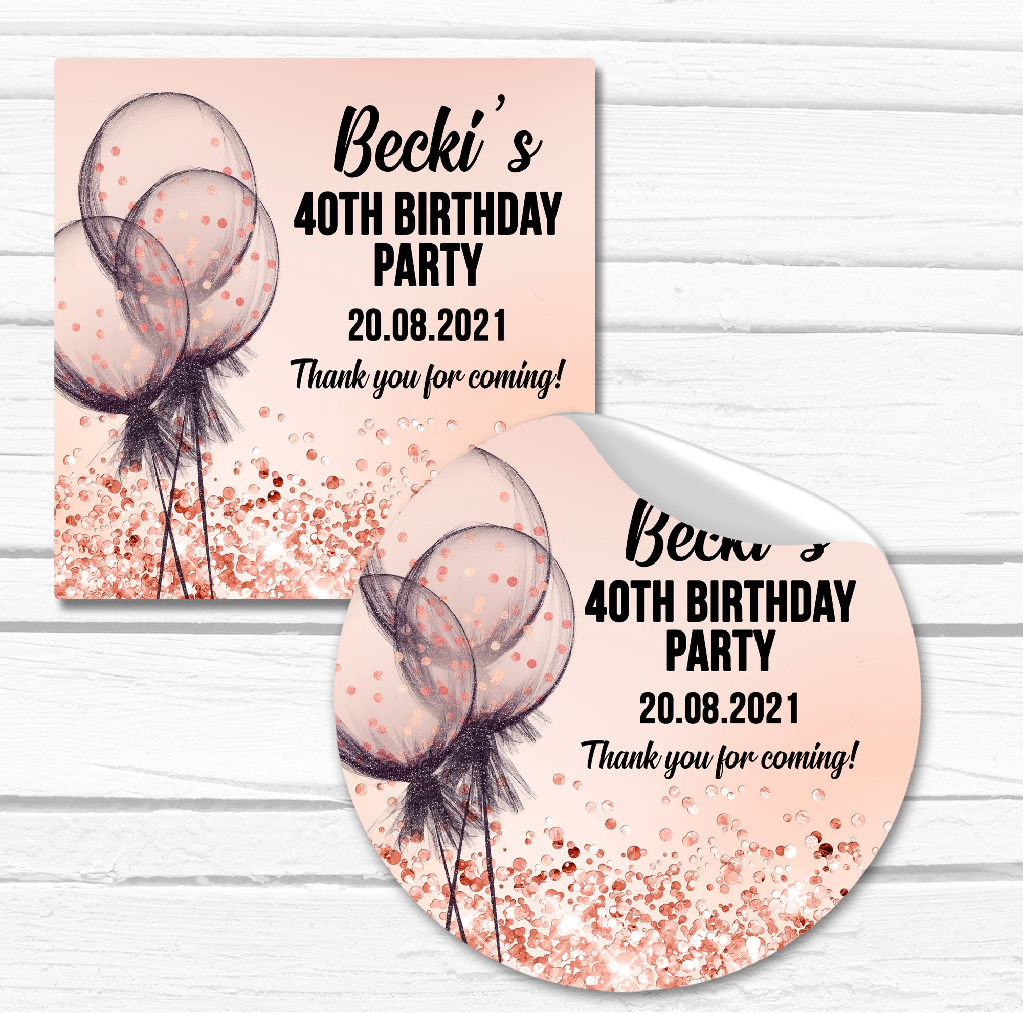 Birthday party stickers rose gold confetti balloons