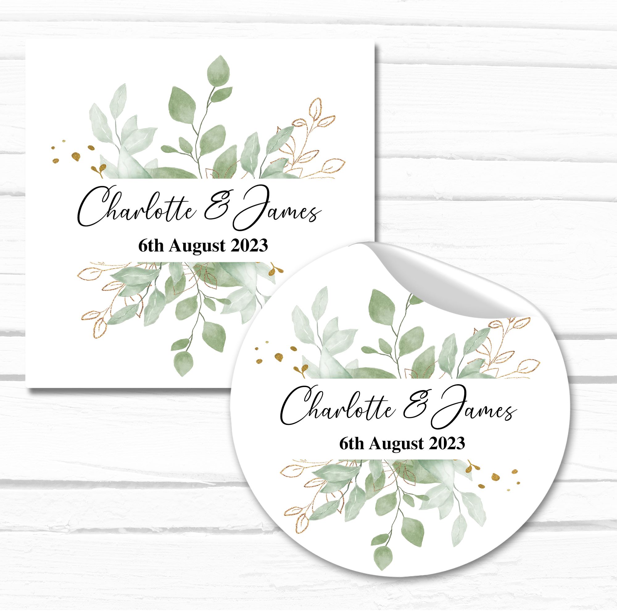 Personalised wedding stickers botanicals green and gold leaves