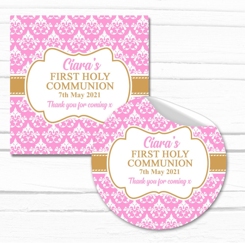 Holy Communion Stickers Personalised Pink Damask