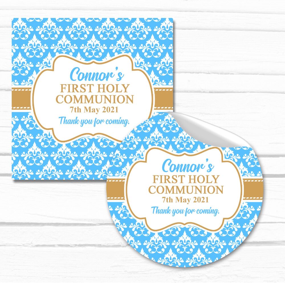 Holy Communion Stickers Personalised Blue Damask