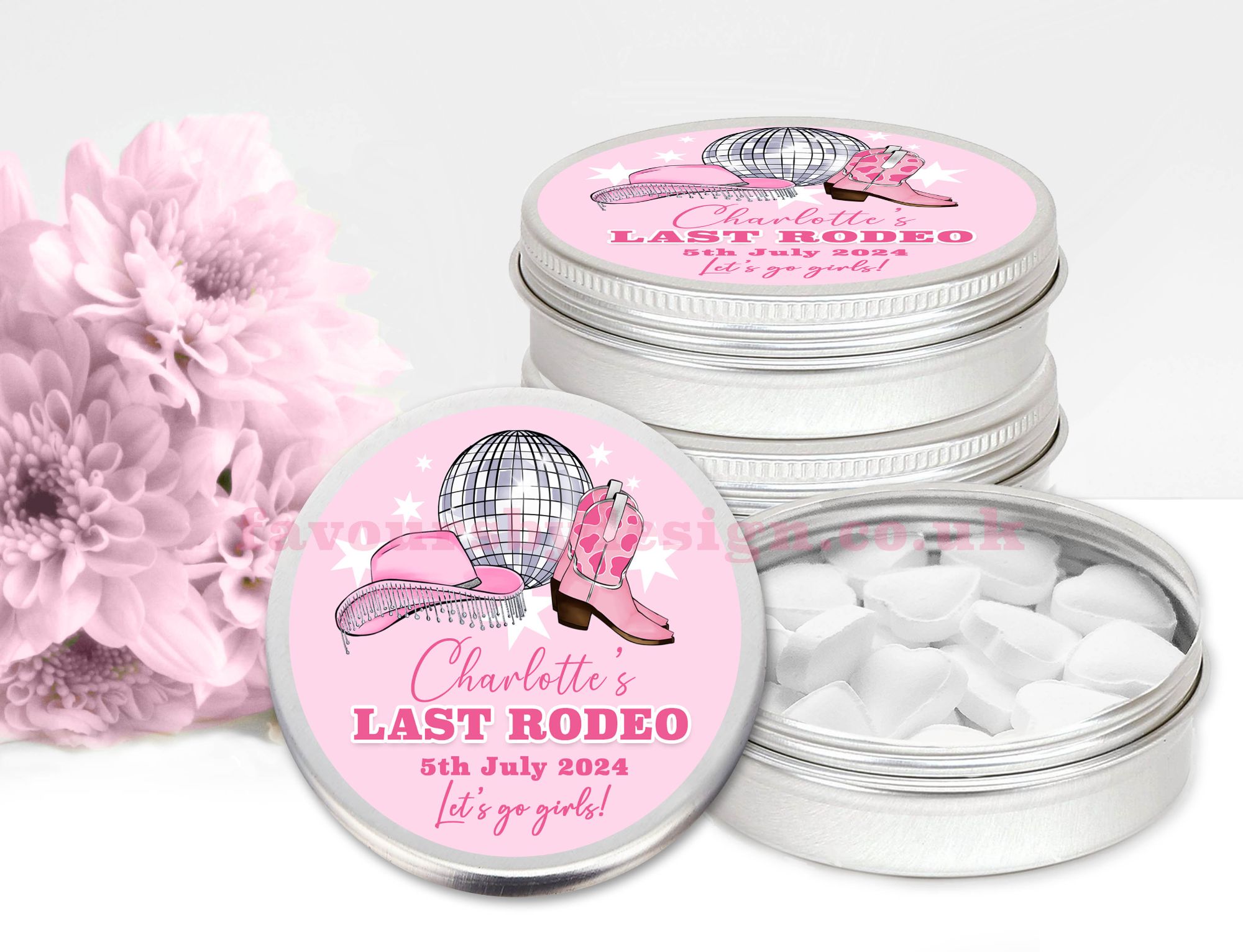 Hen party favours last rodeo pink cowgirls tins