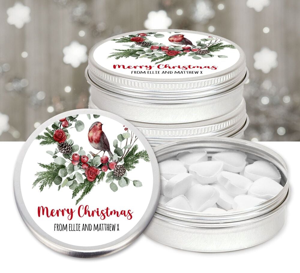 Christmas Table Favours Mint Tins Robin Winter Branch x1