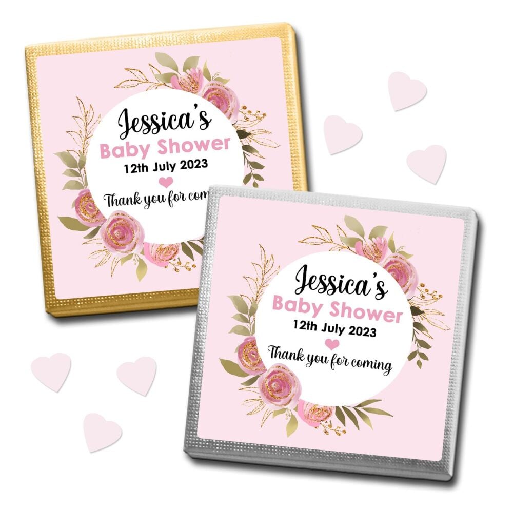 10 x Personalised Baby Shower Chocolates Favours - Pink Sparkle Roses