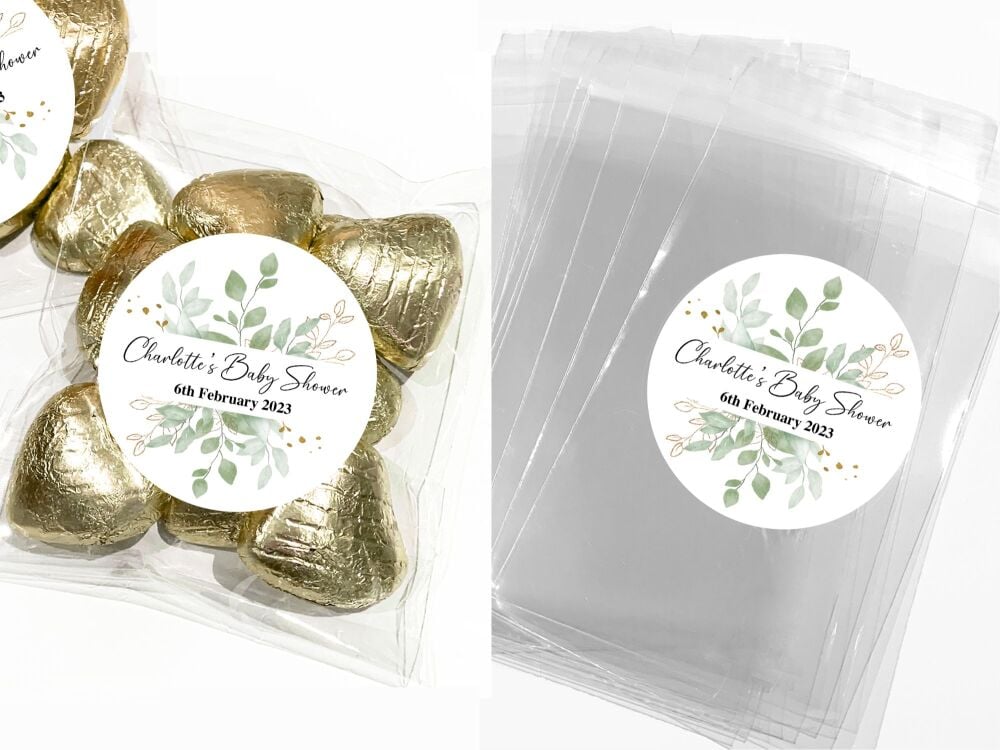 Baby Shower Party Favours DIY Sweet Bags Stickers Kits - Botanicals Gold Leaf x12