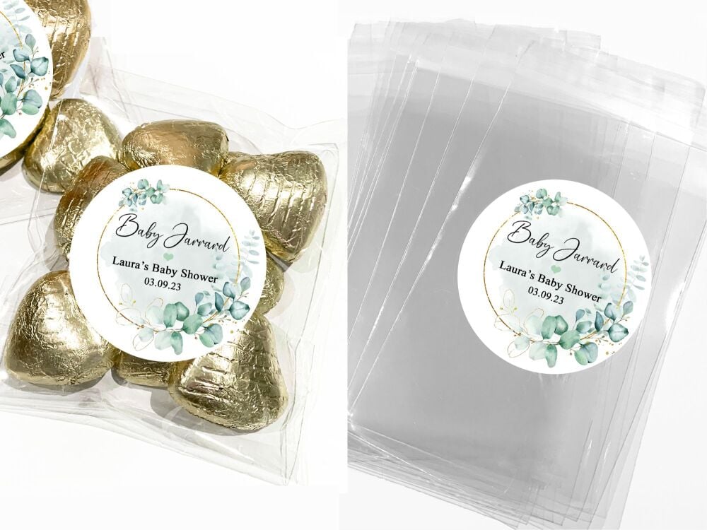 Baby Shower Favours DIY Sweet Bags Stickers Kits - Gold Frame Eucalyptus x1