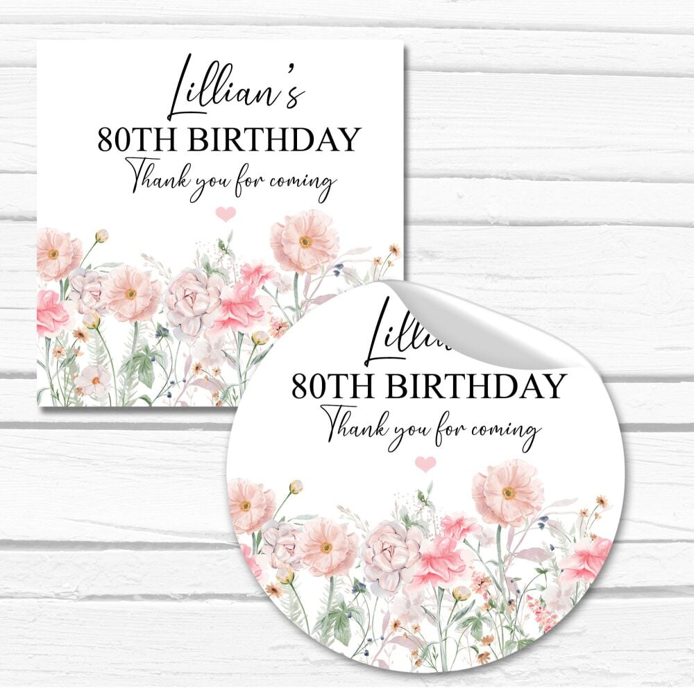 Personalised Birthday Party Stickers Pink Meadow Flowers