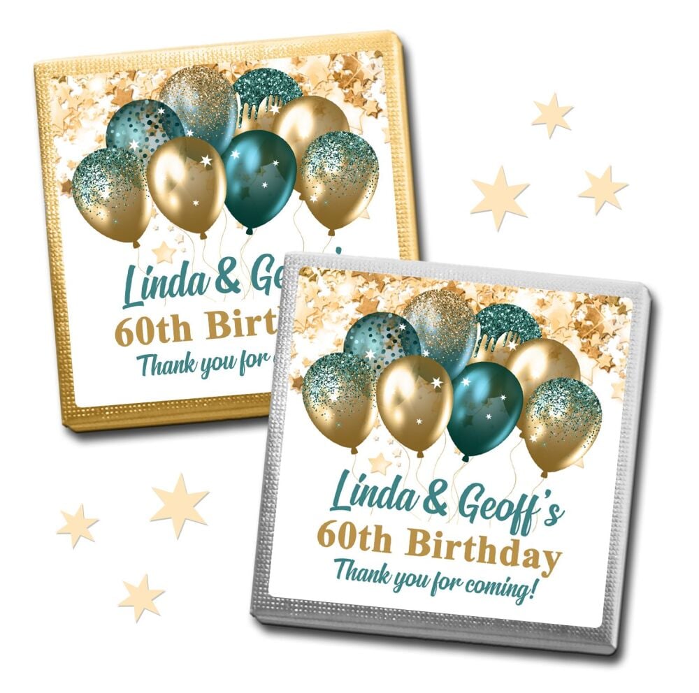 20 x Mini Personalised Birthday Chocolates Party Favours - Teal And Gold Ba