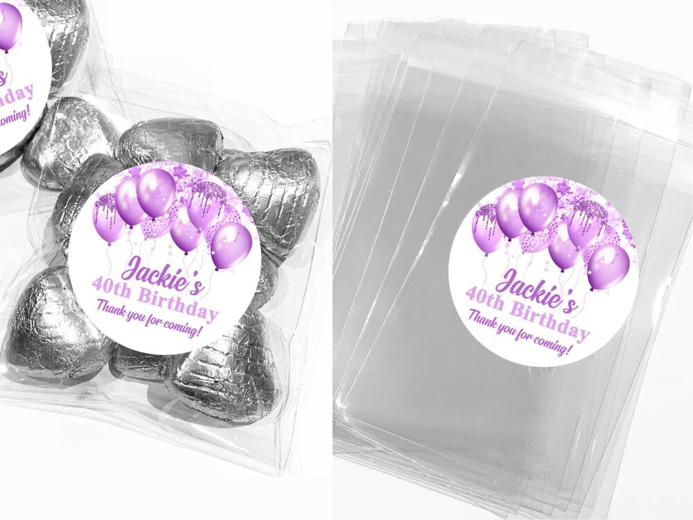 Personalised Birthday Party Favours Sweet Bags And Stickers Kits Purple Balloons x12