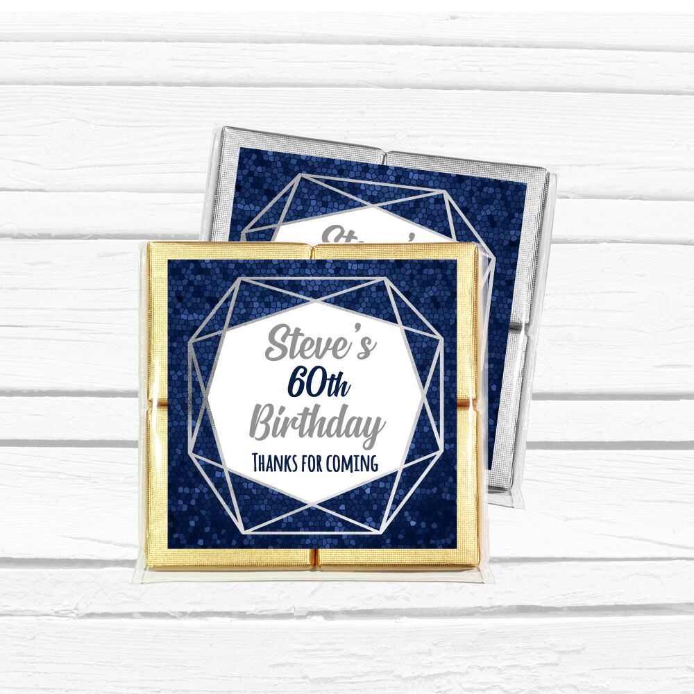 Personalised Birthday Chocolate Party Favours Quads - Navy Silver Geometric