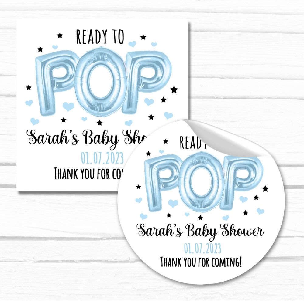 Personalised Baby Shower Party Stickers Ready To Pop Blue