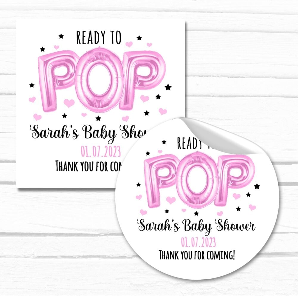 Personalised Baby Shower Party Stickers Ready To Pop Pink