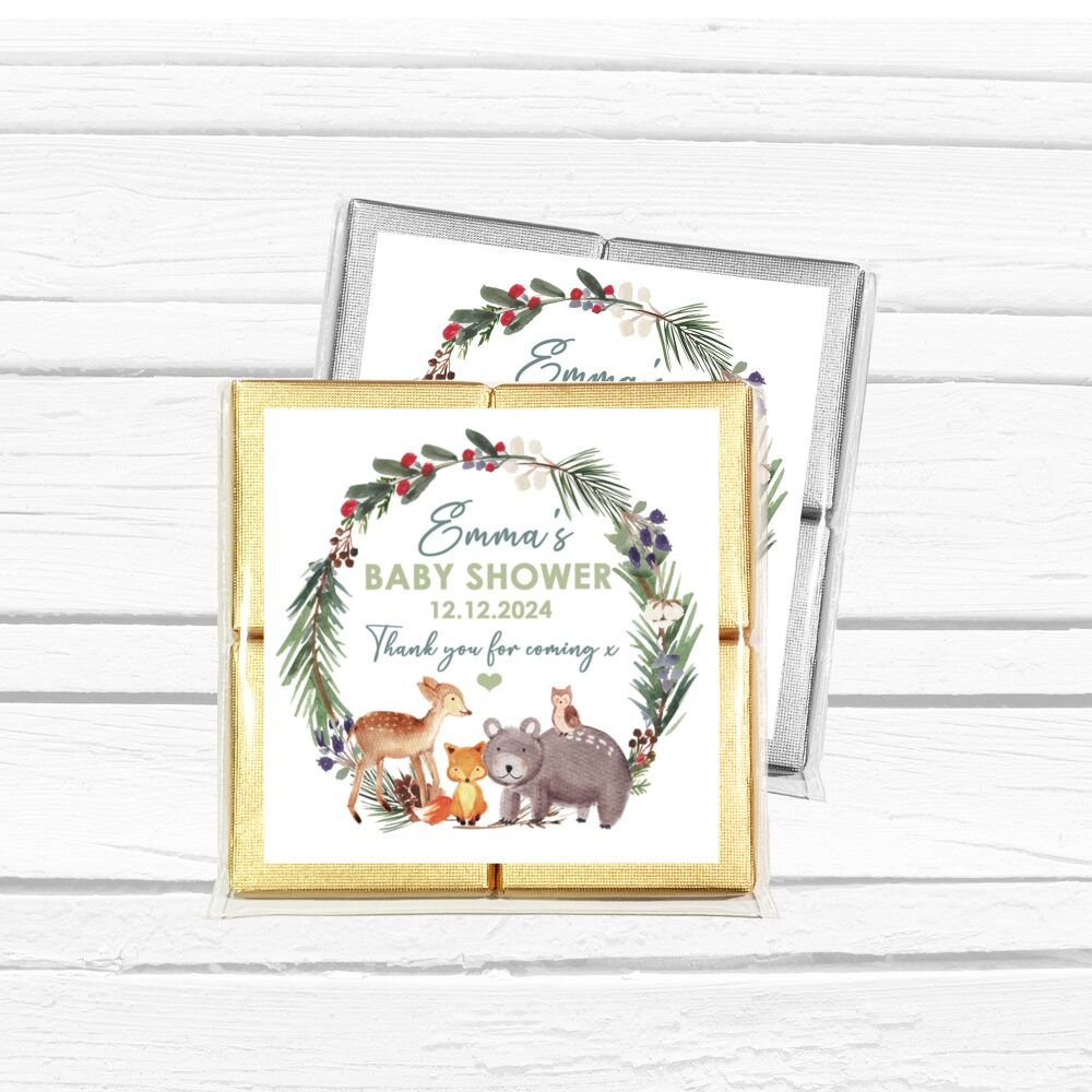 Personalised Baby Shower Party Chocolates Winter Woodland Animals