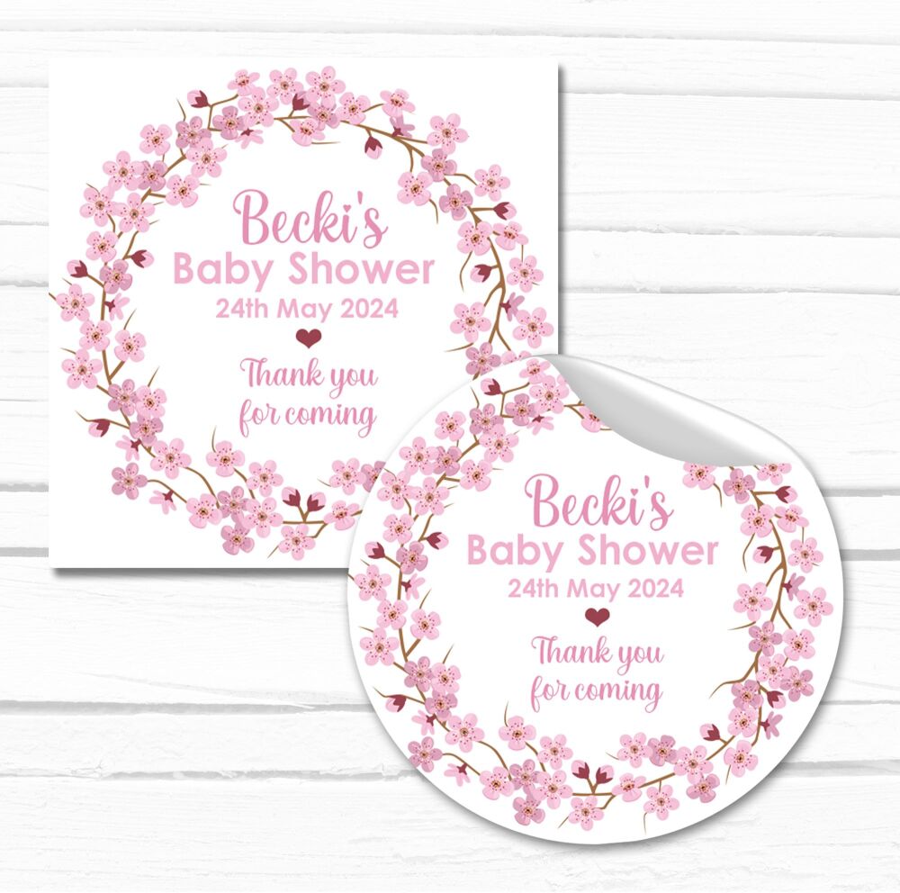 Personalised Baby Shower Party Stickers - Pink Floral Wreath