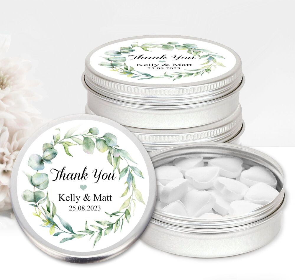 Personalised Wedding Favours Mint Tins - Eucalyptus Wreath x1