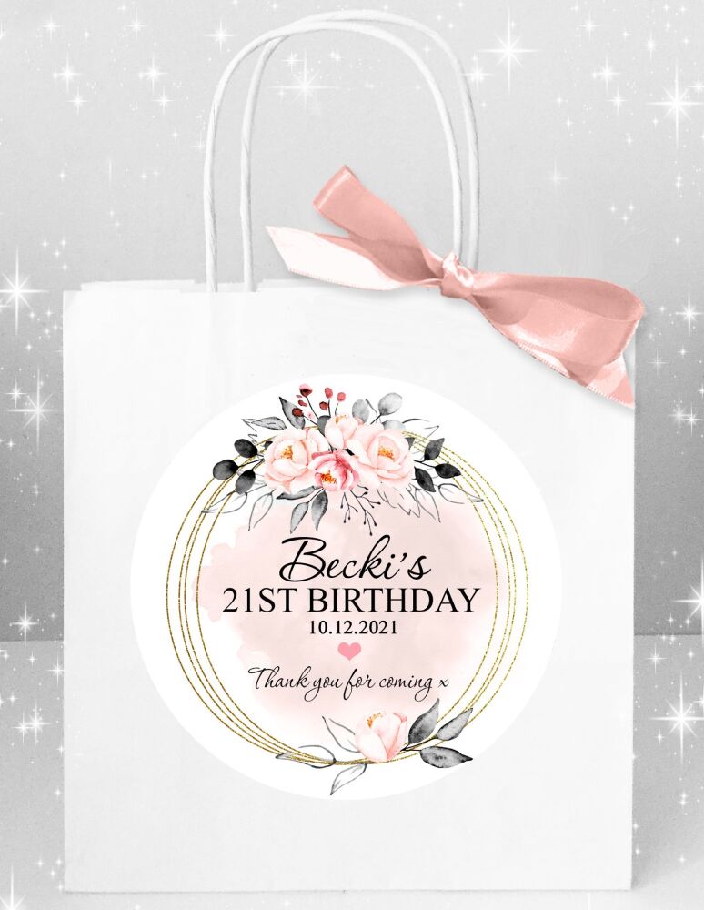 Personalised Adult Birthday Party Bags Blush Pink And Grey Floral Frame x1