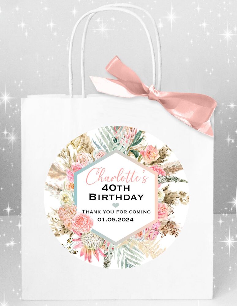 Personalised Adult Birthday Party Bags Boho Pampas Flowers x1