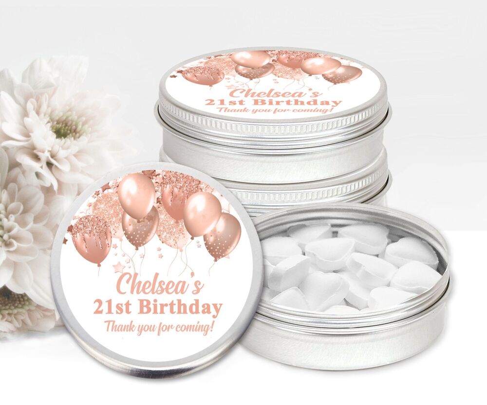 Personalised Birthday Party Favours Mint Tins - Rose Gold Balloons x1