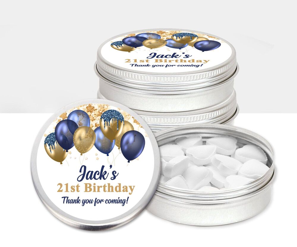 Personalised Birthday Party Favours Mint Tins - Navy And Gold Balloons x1