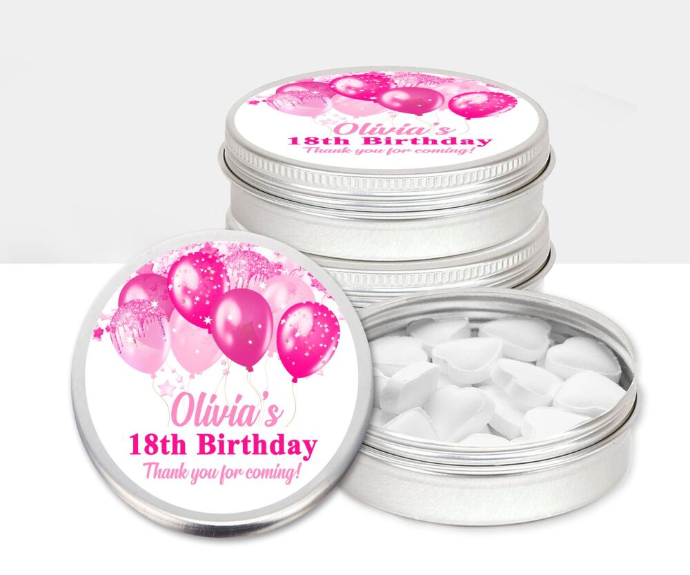 Personalised Birthday Party Favours Mint Tins - Pink Balloons x1