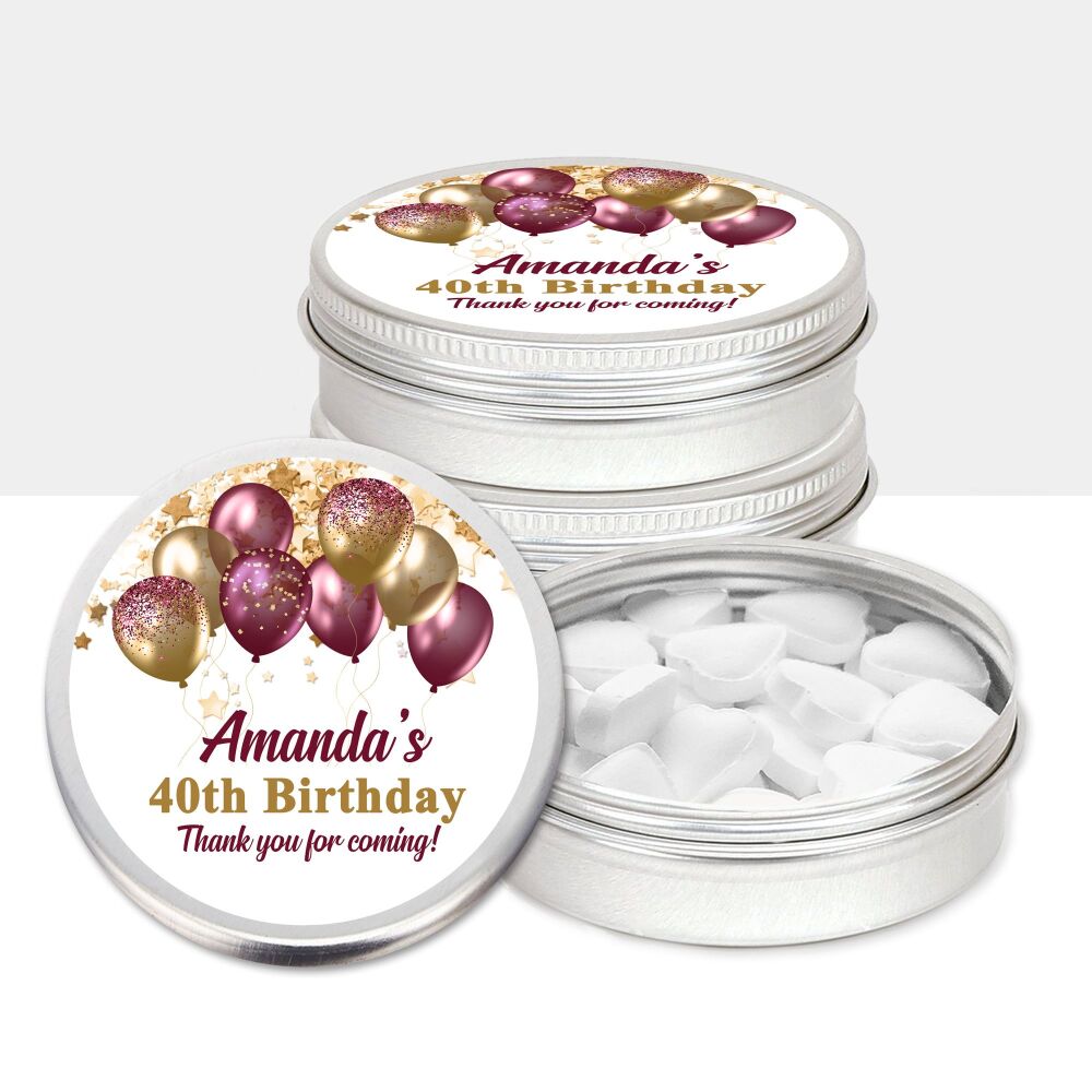 Personalised Birthday Party Favours Mint Tins - Burgundy and Gold Balloons 