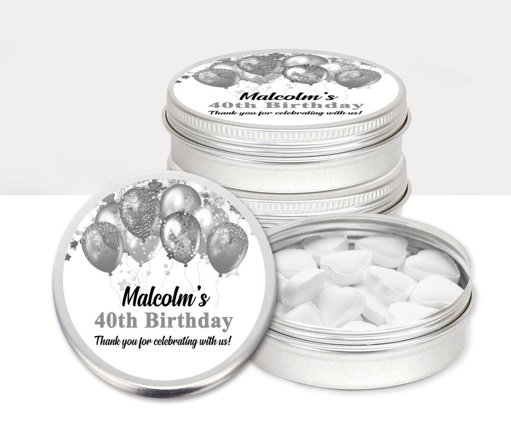 Personalised Birthday Party Favours Mint Tins - Silver Balloons x1