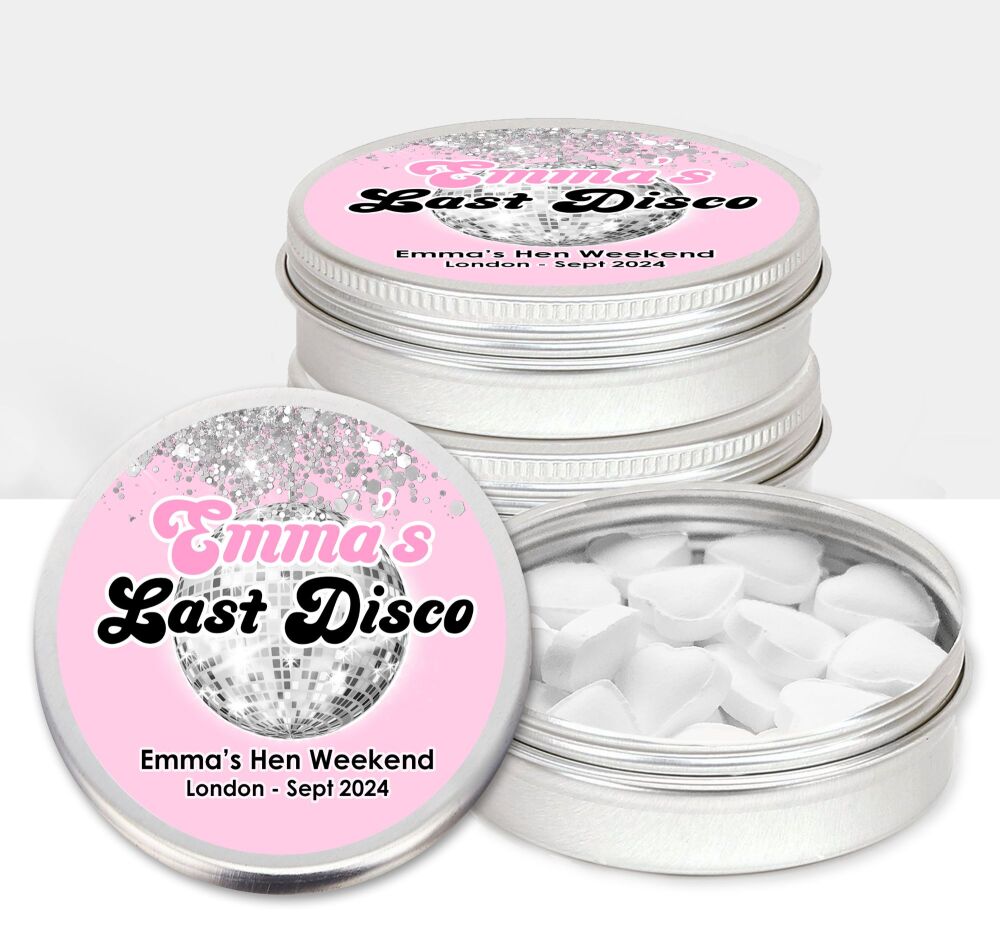 Personalised Hen Party Favours Mint Tins Pink Last Disco x1