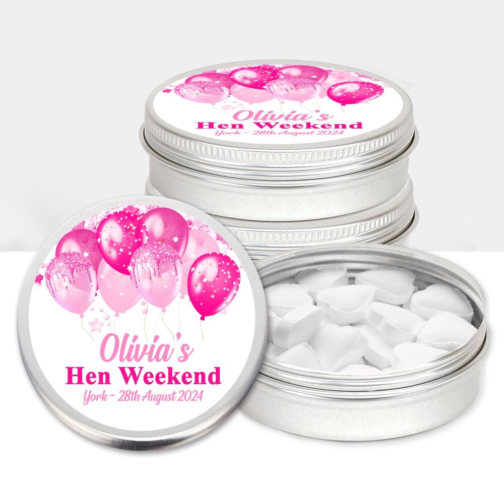 Personalised Hen Party Favours Mint Tins Pink Balloons x1