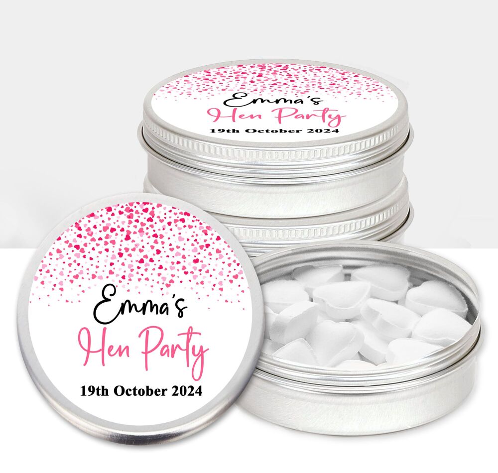 Personalised Hen Party Favours Mint Tins Pink Confetti Hearts x1