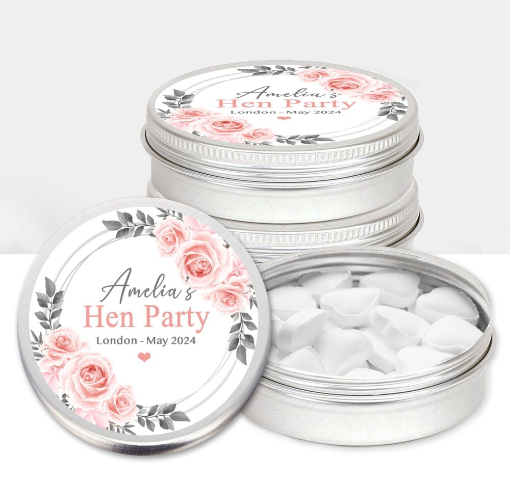 Personalised Hen Party Favours Mint Tins - Blush Pink And Grey Roses x1