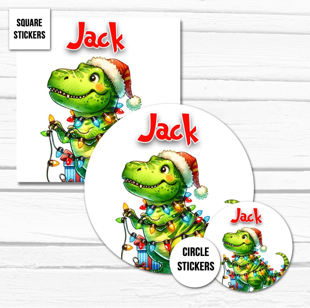 Personalised Christmas Stickers Gift Tag Labels Dinosaur Lights