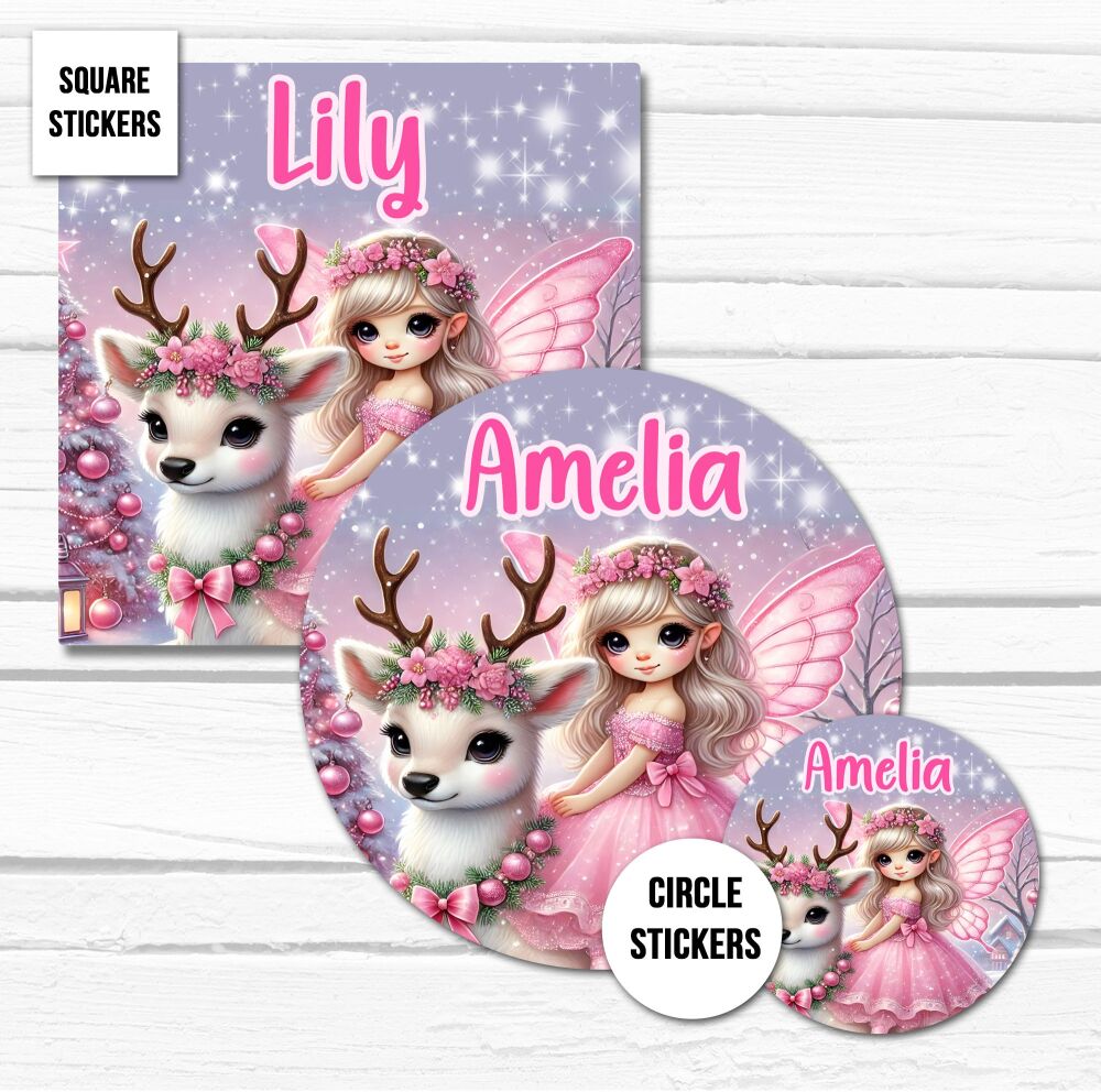 Personalised Christmas Stickers Gift Tag Labels Fairy With White Reindeer