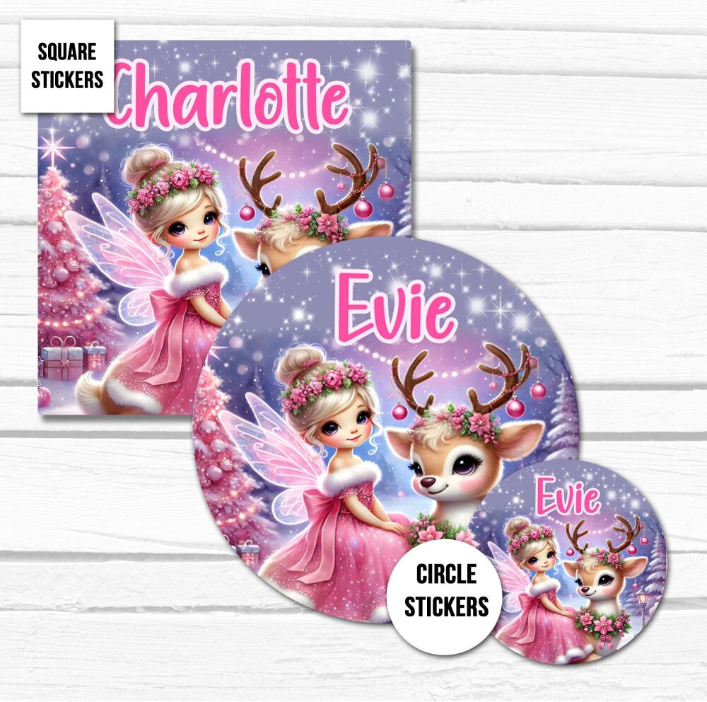 Personalised Christmas Stickers Gift Tag Labels Fairy With Red Nose Reindeer