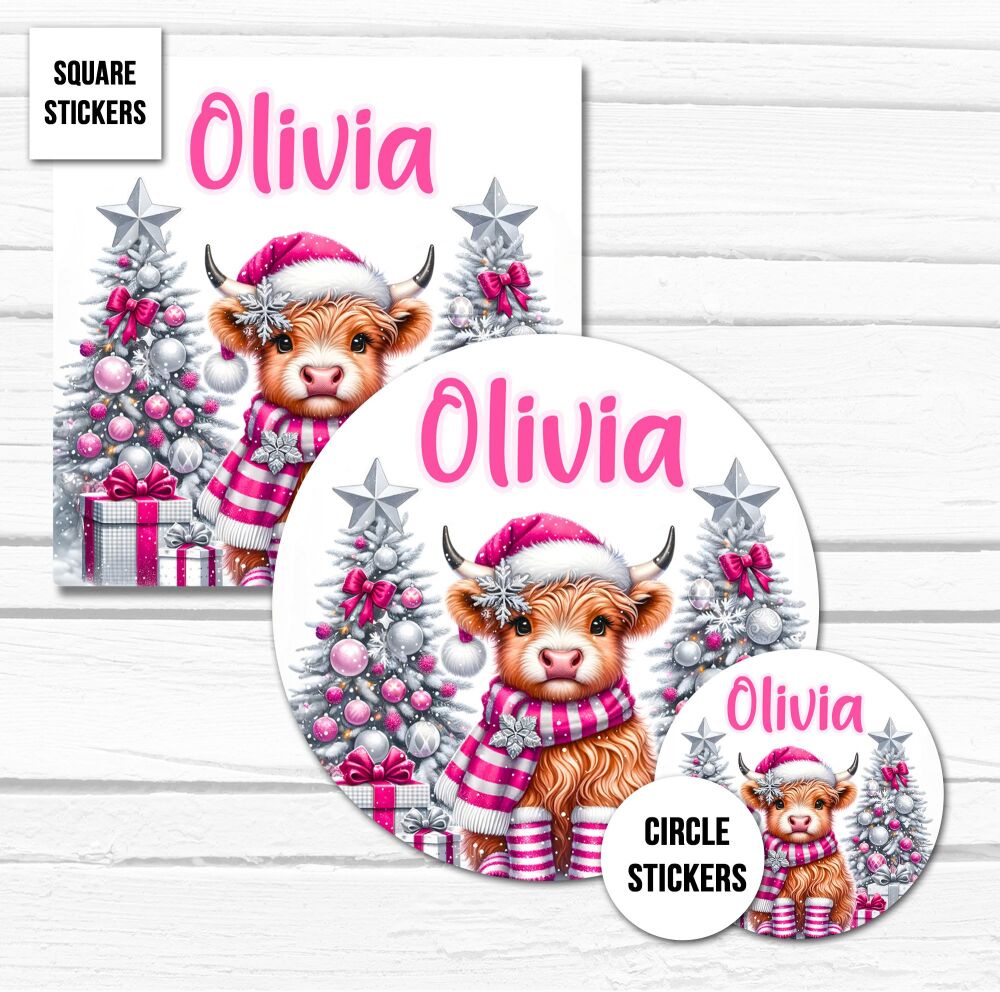 Personalised Christmas Stickers Gift Tag Labels Pink Highland Cow