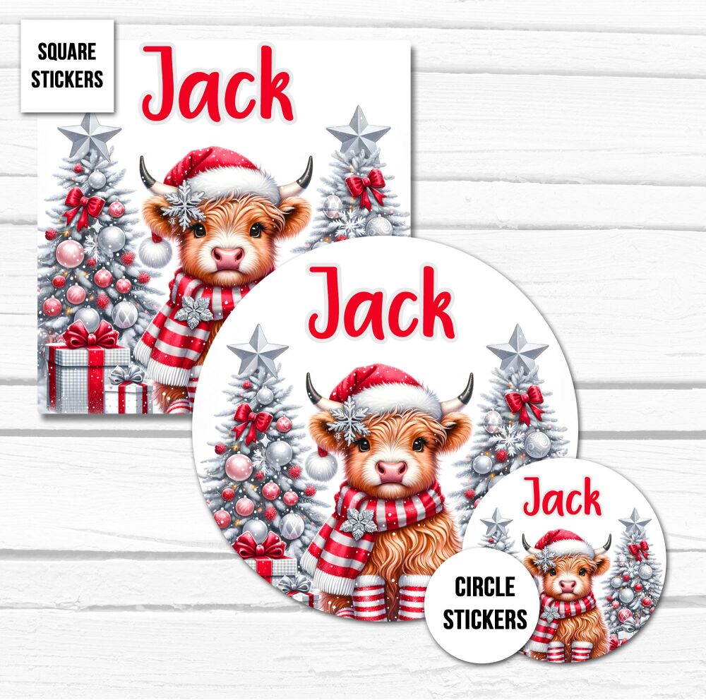 Personalised Christmas Stickers Gift Tag Labels Red Highland Cow