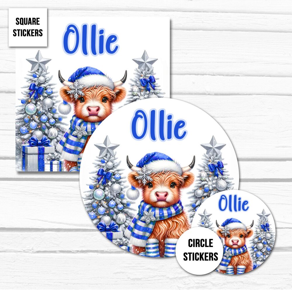 Personalised Christmas Stickers Gift Tag Labels Blue Highland Cow